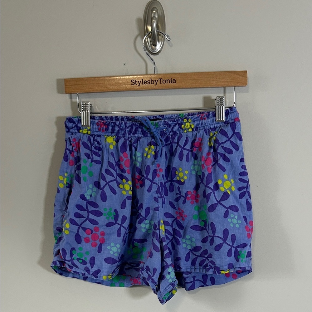 Gudrun Sjoden Purple Floral Cotton Elastic Waist Shorts Pockets Womens Size S